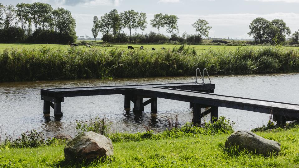 De beweegtuin met diverse speeltoestellen en sportactiviteiten voor volwassenen er is zelfs een mooie visvijver.