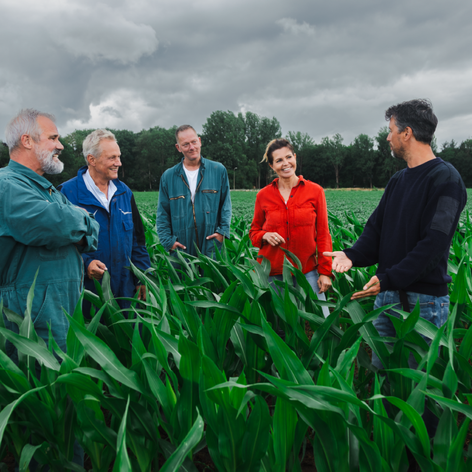 5 boeren pratend in een boerenlandschap